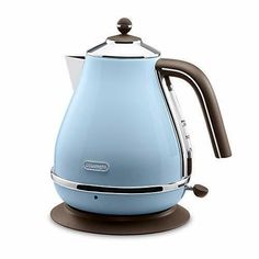 an electric kettle with a brown handle on top and a light blue body, sitting on a white background