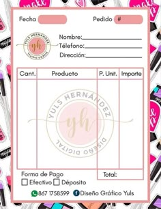 a pink and white card with the name of a beauty product on it, surrounded by other cosmetics products