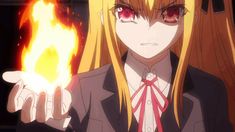 an anime character with long blonde hair and red eyes holding a fireball in her hand