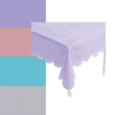 a purple tablecloth with scalloped edges on a white chair against a multi - colored background