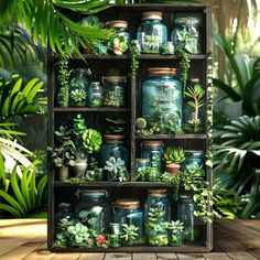 a shelf filled with lots of plants on top of a wooden floor