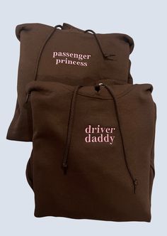 ✰COMES WITH TWO! ITEM 1: refers to "passenger princess" ITEM 2: refers to "driver daddy" Photo 1 features: Brown Hoodie X Pink Thread //Brown Hoodie X Pink Thread Photo 2 features: Pink Hoodie X White Thread // Blue X White Thread ✰Embroidered Matching Sweatshirts✰UNISEX✰Hand drawn and designed✰Super soft and comfy! *Sizes 2XL-3XL may be subject to longer processing times since we don't carry a large amount of inventory in those sizes, so we would have to put in a special order from our supplier Boyfriend And Girlfriend Hoodies, Matching Couple Hoodies, Hoodies Ideas, Matching Hoodies For Couples, Thread Photo, Pink Thread, Matching Hoodies, Custom Matches