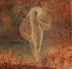 a painting of a woman in the woods with her arms spread out and wings outstretched