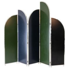 an open folding room divider with three panels on each side and one section closed