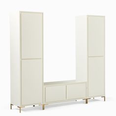 a white cabinet with three doors and two drawers on one side, against a white background