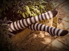 a woman's legs with striped stockings on sitting in front of some bushes and plants