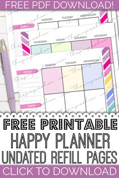 the free printable happy planner is shown in pink and white with text on it