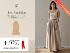 an image of a woman wearing a skirt and crop top with the text linen maxi skirt sewing pattern