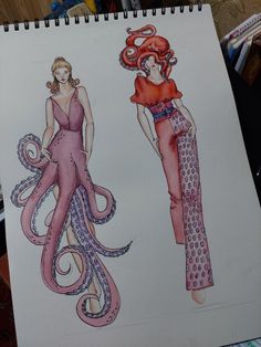 two drawings of women in dresses with an octopus