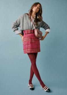 Gillie Skirt - Ella - Sézane Red Suede Skirt Outfit, Sezane Skirt, Jane Outfits, Check Print Skirt, Suede Skirt Outfit, French Girl Fashion, Outfit Recipes, Winter Date Outfits, Winter Skirt Outfit