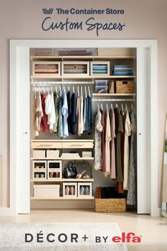 an open closet with clothes hanging on the shelves and baskets in front of it, next to a carpeted floor