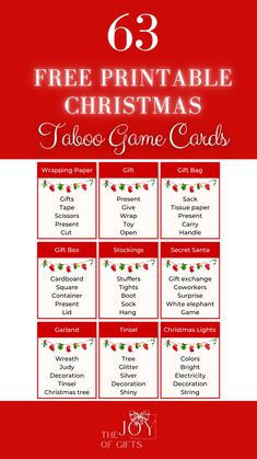 Looking for free printable holiday games? Get your free Christmas taboo cards from The Joy of Gifts! This beautiful set of Christmas taboo printables includes 62 Christmas-themed taboo game cards for you to print and enjoy for free! We Won The Lottery With You Printable, Christmas Taboo Cards, Christmas Taboo Printable Free, Christmas Games Printable Free, Free Christmas Games Printables, Free Printable Christmas Games, Christmas Printable Games