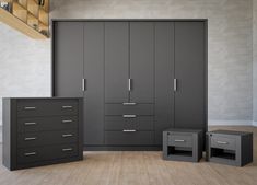 an image of a bedroom setting with drawers and cabinets in grey color scheme on wood flooring