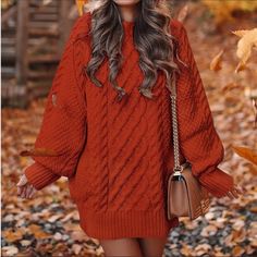 Burnt Orange Woman’s Sweater Dress *New* Arrives New Burnt Orange Clothes, Burnt Orange Outfit, Orange Clothes, Orange Sweater Dress, Fall Aesthetic Outfit, Lauren Kate, Burnt Orange Sweater, Polka Dot Midi Skirt, Burnt Orange Dress