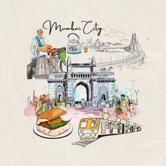 an illustration of a man sitting at a table with food in front of him and the words mumbai city on it