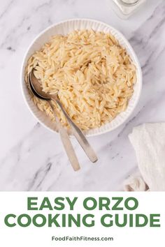 an image of easy orzo cooking guide in a bowl with spoons and napkins