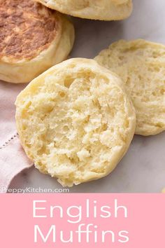 english muffins on a pink and white plate with text overlay that reads english muffins