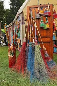 colorful brooms are lined up on the grass