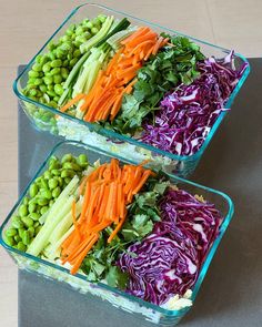 two glass dishes filled with different types of vegetables