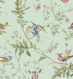 birds and flowers on a light green background