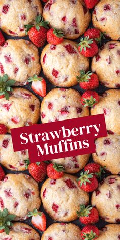 Strawberry Muffins pin with overlay text Apple Strawberry Muffins, Dairy Free Strawberry Muffins, How To Make Strawberry Muffins, Best Fresh Strawberry Recipes, Strawberry Muffin Recipes Easy, Fast Muffin Recipes, Valentine’s Day Muffins, Bakery Style Strawberry Muffins, Strawberry Mini Muffins