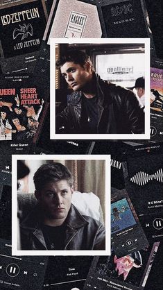 an image of a man in black leather jacket on the cover of various album covers