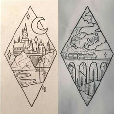 two different designs that are on paper and one has a drawing of a city in the middle