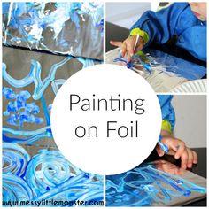 the process for painting on foil with blue and white swirls, is shown in three pictures