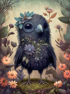 a painting of a bird with flowers on its head sitting in the middle of some plants