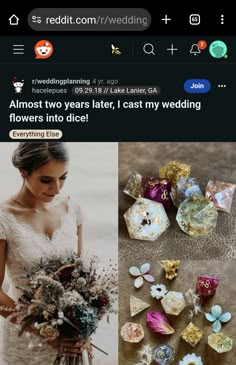 the bride is holding her wedding bouquet and looking down at it, with other flowers in front of her