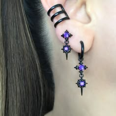 North Star Hoop Earring Starburst Earrings, Star Hoop Earrings, Gothic Jewelry, Purple Earrings, Stars Earrings, North Star Earrings - Etsy Stars Earrings, Star Hoop Earrings, Earrings Gothic, Edgy Jewelry, Jewelry Purple, Earrings Star, Starburst Earrings, Gothic Earrings, Magical Jewelry