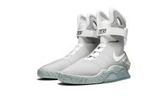 Perhaps the most sought-after sneaker of all time, the Nike Mag from "Back to the Future Part 2" was released in 2011 in an edition of only 1,500 pairs via auctions to support the Michael J.  Fox Foundation.  Each auction ended with winning bids totaling thousands of dollars, and the Mag has reached a legendary status in the years since.  Note: This is the initial 2011 release of the Mag, which does not have power lacing like the 2015 edition. Back To The Future Shoes, Balenciaga Speed Trainer, Nike Snkrs, Michael J Fox, Rare Sneakers, J Fox, Swag Shoes, Michael J, Back To The Future