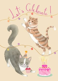 a birthday card with two cats and a cake