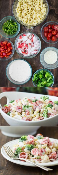 the ingredients for this pasta dish are shown in bowls and on plates, including broccoli