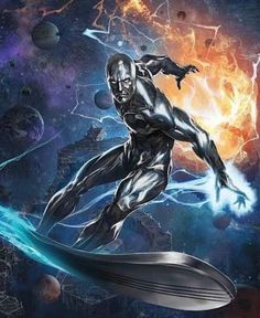 the silver man is flying through space with his arms outstretched and legs spread out in front of him