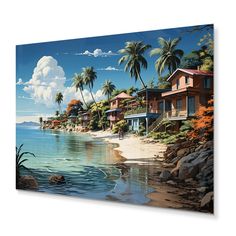 a painting of a tropical beach scene with houses and palm trees on the shore by the water