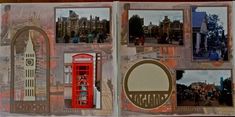 an open book with pictures of buildings and people in the pages, including a red phone booth