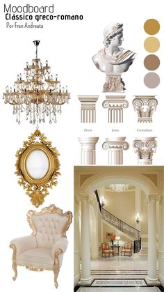 an interior design board with white and gold furniture, chandelier, chair, mirror and stairs