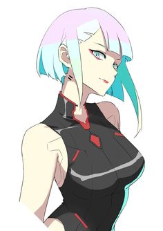 an anime character with pink hair and blue eyes, wearing a black outfit that has red accents