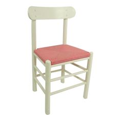 a white wooden chair with a pink seat pad on the back and bottom part of it