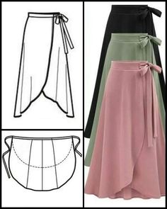 three different skirts with bows on the waist and one in pink, green, black and white