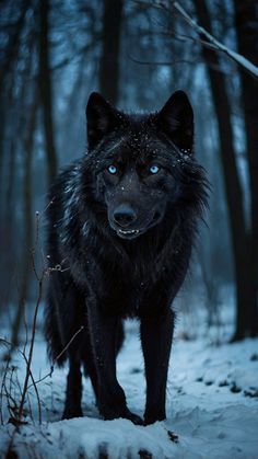 a black wolf with blue eyes standing in the snow