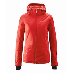 a women's red jacket with hood and zippers on the chest, in front of a white background