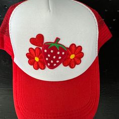 Trucker Hat Red Strawberry Hat With Flowers And Heart Patches New Without Tags Polyester, Cotton And Sponge Handwashing Only Snap Closure Circumference Of The Trucker Hat Is Approx. 56cm/22.05 In To 62cm/24.41 Inch The Brim Of The Hat Is 7.5 Cm/2.95 Inch And Features Adjustable Buckle The Back Is Mesh Red Mini Hats For Spring, Red Baseball Cap As Gift, Red Baseball Cap For Gift, Red Baseball Cap Gift, Red Snapback Hat As Gift, Red Snapback Hat Gift, Trendy Red Trucker Hat For Summer, Fun Red Trucker Hat For Beach, Red Hats For Spring Gifts