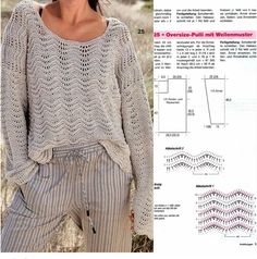 an image of a woman wearing a sweater and pants in the knitting book, with instructions for