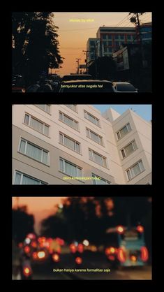 three different shots of the same building with cars in front of it and an orange sky behind them