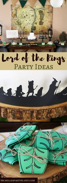 the lord of the rings party ideas are displayed in front of a table with decorations