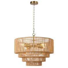 a chandelier made out of bamboo with lights hanging from the top and bottom