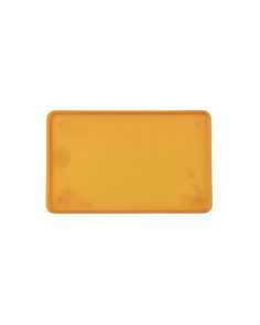 an orange rectangular plastic cutting board on a white background