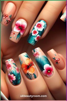 Tropical nails are perfect for summer and vacation looks. They bring a cheerful, fun, and lively vibe to your style. This post contains 27 different tropical nail ideas to brighten your look! Beach vacations, acrylic, art, pink, short, art hawaii, simple, colors, blue, almond, square, green. Tropical Nail Ideas, Vacation Nail Colors, Classic Red Nails, Watercolor Nail Art, Hawaiian Nails, Nail Stamping Ideas, Vacation Nails Beach, Stiletto Nail Designs, Tropical Nail Designs